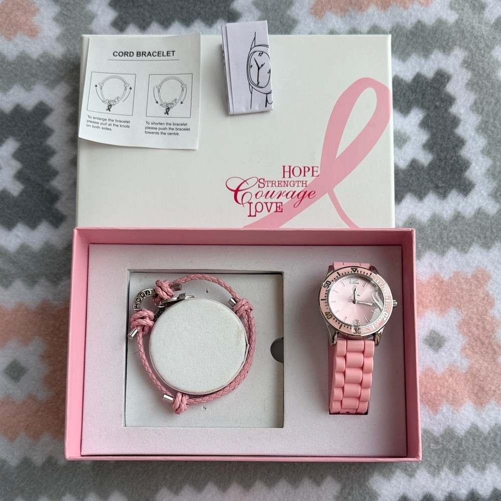 New Pink Ribbon Watch silicone band and Bracelet Set breast cancer awareness